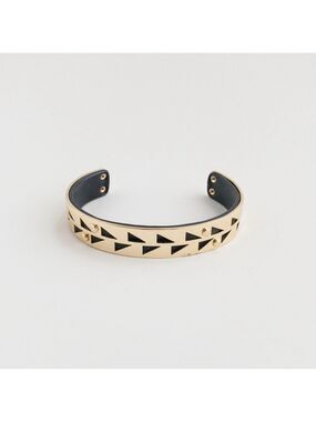 Stella & Dot Addison Cuff Bracelet Geometric Cut Out Black Leather Gold Tone